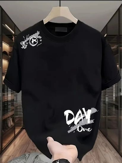 Baskılı Oversize Bisiklet Yaka T-shirt - Siyah resmi